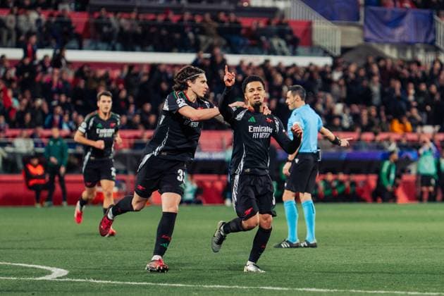 January 29, 2025, Madrid, Madrid, Spain: NWANERI, 53 of Arsenal celebrates with teammate CALAFIORI, 33 after scoring during the match against Girona at Montivili Stadium. Madrid Spain - ZUMAg271 20250129_znp_g271_001 Copyright: xNataliaxGarciax