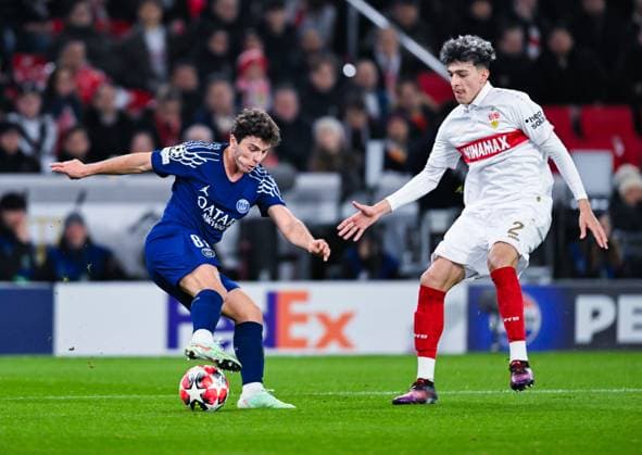 Joao Neves (Paris Saint-Germain) and Ameen Al-Dakhil (VfB Stuttgart) battle for the ball during the UEFA Champions League 2024 25 League Phase MD8 match between VfB Stuttgart and Paris Saint-Germain at MHPArena on January 29, 2025 in Stuttgart, Germany. (Photo by Silas Schueller DeFodi Images) Defodi-738_738_VFBPSG_20250129_207