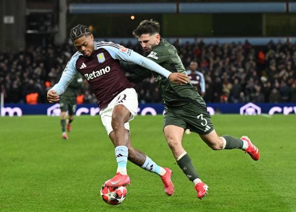 Birmingham, England, 29th January 2025. Aston Villa s Leon Bailey with Celtic s Greg Taylor during the UEFA Champions League match at Villa Park, Birmingham. Picture credit should read: Cody Froggatt Sportimage EDITORIAL USE ONLY. No use with unauthorised audio, video, data, fixture lists, club league logos or live services. Online in-match use limited to 120 images, no video emulation. No use in betting, games or single club league player publications. SPI_071_CF_Aston_Villa_Celtic SPI-3641-0071