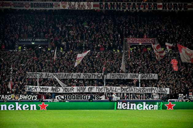 Transparent, Protest, Protestplakat, Fanplakat, Banner, Plakat, Spruchband gegen Nasser Al-Khelaifi Champions League VfB Stuttgart vs Paris St. Germain PSG 29.01.2025 DFL REGULATIONS PROHIBIT ANY USE OF PHOTOGRAPHS AS IMAGE SEQUENCES AND OR QUASI-VIDEO Champions League VfB Stuttgart vs Paris St. Germain PSG