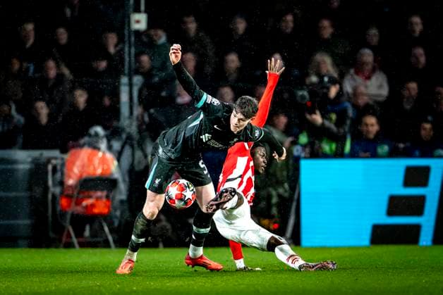 Liverpool FC midfielder James McConnell, PSV Eindhoven forwarder Johan Bakayoko during the match PSV - Liverpool at the Philips stadium for the Champions League - League phase - Matchday 8 season 2024-2025 in EINDHOVEN, Netherlands on 29 january 2025, (photo by Marcel van Dorst EYE4images DeFodi Images) Defodi-746_211679