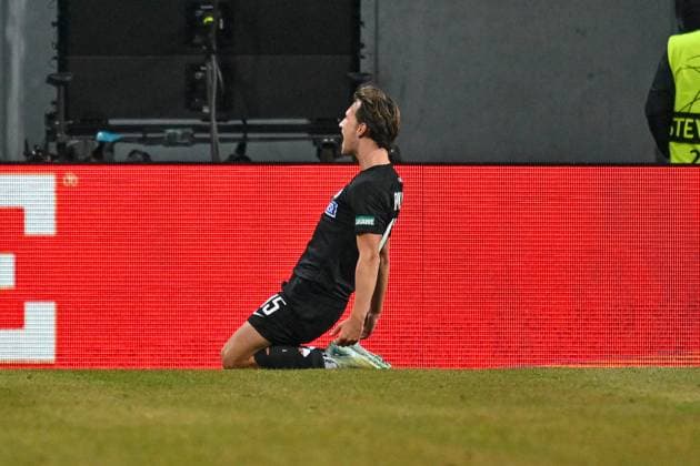 SOCCER - UEFA CL, Sturm vs RB Leipzig KLAGENFURT,AUSTRIA,29.JAN.25 - SOCCER - UEFA Champions League, SK Sturm Graz vs RasenBallsport Leipzig. Image shows the rejoicing of William Boeving (Sturm).  GEPAxpictures xAvnixRetkoceri