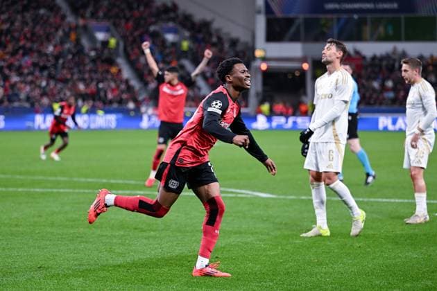 29.01.2025, Fussball, Champions League, 8. Spieltag, Saison 2024 2025, Bayer 04 Leverkusen - Sparta Prag, Nathan Tella (Bayer Leverkusen) freut sich über das Tor zum 2:0, xRHR-FOTO TKx Copyright: RHR-FOTOx RHR-FOTO TK