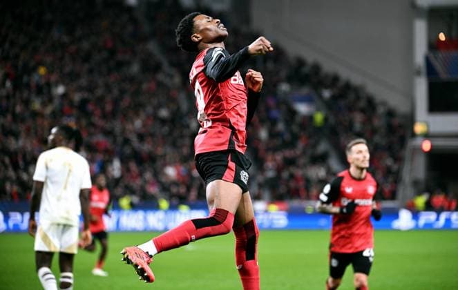 Fussball, Champions League, Deutschland, Herren, Saison 2024 2025, 8. Spieltag, BayArena Leverkusen: Bayer Leverkusen - Sparta Prag; Jubel Nathan Tella (LEV) nach seinem Tor zum 2:0. Jubel, Freude, Aktion.