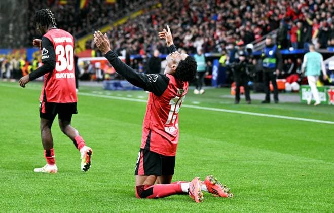 Fussball, Champions League, Deutschland, Herren, Saison 2024 2025, 8. Spieltag, BayArena Leverkusen: Bayer Leverkusen - Sparta Prag; Jubel Nathan Tella (LEV) nach seinem Tor zum 2:0. Jubel, Freude, Aktion.