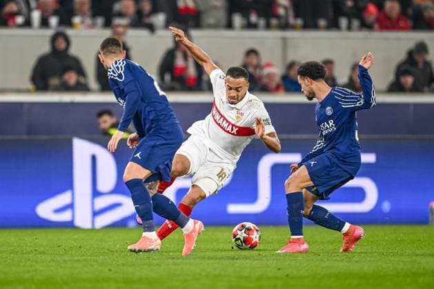 Lucas Hernandez (Paris Saint-Germain), Jamie Leweling (VfB Stuttgart) und Warren Zaire-Emery (Paris Saint-Germain) battle for the ball during the UEFA Champions League 2024 25 League Phase MD8 match between VfB Stuttgart and Paris Saint-Germain at MHPArena on January 29, 2025 in Stuttgart, Germany. (Photo by Harry Langer DeFodi Images) Defodi-541_VFBPSG20250129_60