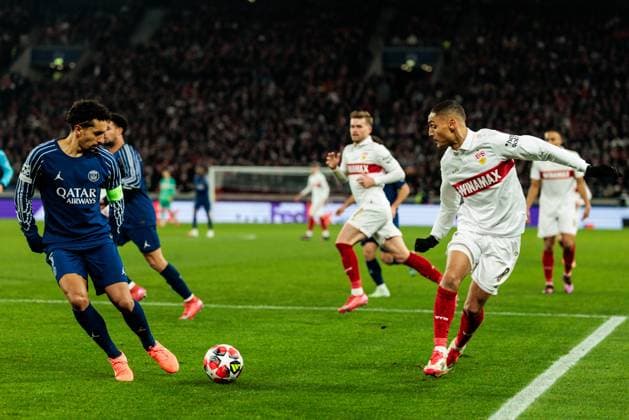 UEFA Champions League: VfB Stuttgart - FC Paris Saint-Germain; 29.01.2025 Zweikampf Marquinhos (FC Paris Saint-Germain, 5), Enzo Millot (VfB Stuttgart, 8) UEFA Champions League: VfB Stuttgart - FC Paris Saint-Germain; Stuttgart, Arena Stuttgart am 29.01.2025 Copyright: xBEAUTIFULxSPORTS Wunderlx