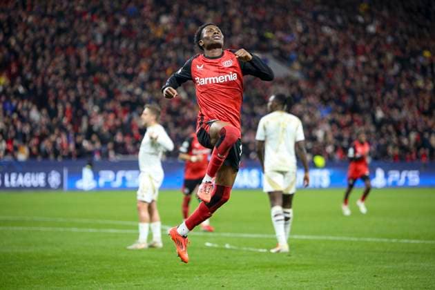 Leverkusen, Deutschland, 29.01.25: Nathan Tella (Bayer 04 Leverkusen) Torjubel, jubelt nach seinem Treffer zum 2:0 waehrend des Spiels der Champions League Gruppenphase zwischen Bayer 04 Leverkusen vs Sparta Prag in der BayArena Leverkusen BayArena North Rhine-Westphalia Germany Copyright: xBrauer-Fotoagenturx xAdrianxSchlx