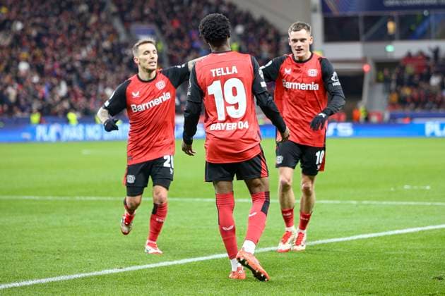 Leverkusen, Deutschland, 29.01.25: Nathan Tella (Bayer 04 Leverkusen) Torjubel, jubelt nach seinem Treffer zum 2:0 mit Alejandro Grimaldo (Bayer 04 Leverkusen) und Florian Richard Wirtz (Bayer 04 Leverkusen) waehrend des Spiels der Champions League Gruppenphase zwischen Bayer 04 Leverkusen vs Sparta Prag in der BayArena Leverkusen BayArena North Rhine-Westphalia Germany Copyright: xBrauer-Fotoagenturx xAdrianxSchlx