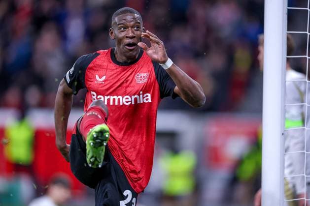 29.01.2025, Fußball, Bayer 04 Leverkusen - AC Sparta Prag, UEFA Champions League, 8. Spieltag, BayArena, Saison 2024 2025: Torjubel nach dem 2:0 durch Torschütze Nathan Tella (Bayer04 Leverkusen 19) . Im Bild Nordi Mukiele (Bayer04 Leverkusen 23) jubelnd Nordrhein-Westfalen Deutschland