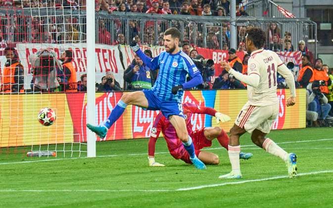 Kingsley Coman, FCB 11 scores, shoots goal , Tor, Treffer, Torschuss, 3-0 in the League Phase MD8 match FC BAYERN MUENCHEN - SK SLOVAN BRATISLAVA of football UEFA Champions League in season 2024 2025 in Munich, Jan 29, 2025 , FCB, 8.Spieltag, München