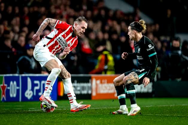 Liverpool FC defender Kostas Tsimikas, PSV Eindhoven defender Rick Karsdorp during the match PSV - Liverpool at the Philips stadium for the Champions League - League phase - Matchday 8 season 2024-2025 in EINDHOVEN, Netherlands on 29 january 2025, (photo by Marcel van Dorst EYE4images DeFodi Images) Defodi-746_211695