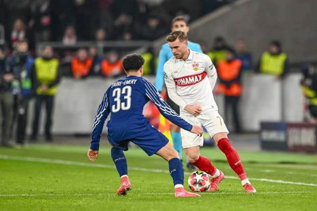 Warren Zaire-Emery (Paris Saint-Germain) und Maximilian Mittelstaedt (VfB Stuttgart) battle for the ball during the UEFA Champions League 2024 25 League Phase MD8 match between VfB Stuttgart and Paris Saint-Germain at MHPArena on January 29, 2025 in Stuttgart, Germany. (Photo by Harry Langer DeFodi Images) Defodi-541_VFBPSG20250129_70