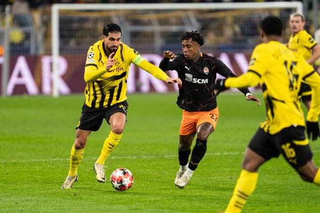 GER, UEFA Champions League, 8. Spieltag - Borussia Dortmund vs FC Shakhtar Donetsk 29.01.2025, Signal Iduna Park, Dortmund, GER, UEFA Champions League, 8. Spieltag - Borussia Dortmund vs FC Shakhtar Donetsk Im Bild: Zweikampf zwischen Emre Can (Borussia Dortmund, 23) und Kevin (FC Shakhtar Donetsk, 37)