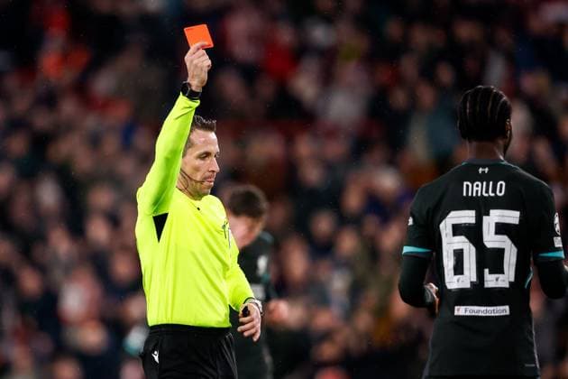 2025-01-29 PSV Eindhoven v Liverpool FC - UEFA Champions League 2024 25 League Phase MD8 EINDHOVEN, NETHERLANDS - JANUARY 29: Referee Tobias Stieler shows a red card to Amara Nallo of Liverpool FC during the UEFA Champions League 2024 25 League Phase MD8 match between PSV Eindhoven and Liverpool FC at PSV Stadion on January 29, 2025 in Eindhoven, Netherlands. Eindhoven PSV Stadion Netherlands Content not available for redistribution in The Netherlands directly or indirectly through any third parties. Copyright: xBroerxvanxdenxBoomx