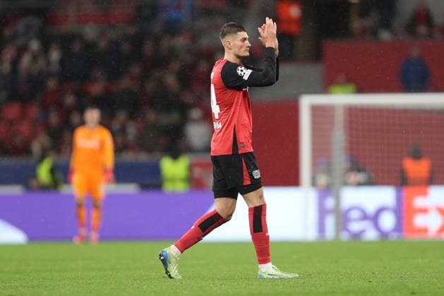 Patrik Schick (Bayer 04 Leverkusen) gestures during the UEFA Champions League 2024 25 League Phase MD8 match between Bayer 04 Leverkusen and AC Sparta Praha at BayArena on January 29, 2025 in Leverkusen, Germany. (Photo by Oliver Kaelke DeFodi Images) Defodi-678_2025_01_29_OK_LEVACS_1909