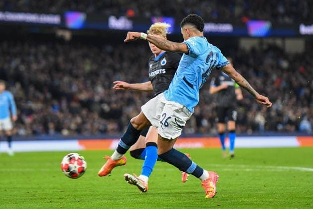 Manchester City v Club Brugge UEFA Champions League Savinho of Manchester City scores the third goal for the team during the UEFA Champions League match at the Etihad Stadium, Manchester UK Newspapers OUT Copyright: xKarlxVallantinex FIL-21347-0046