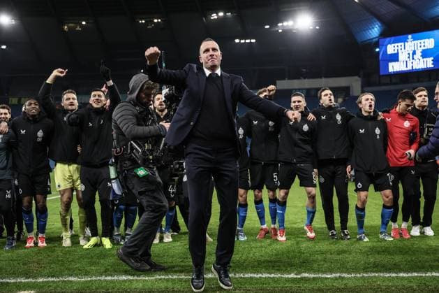 Club s head coach Nicky Hayen celebrates after a soccer game between English Manchester City and Belgian Club Brugge KV, Wednesday 29 January 2025 in Manchester, United Kingdom, on the eight day (out of 8) of the UEFA Champions League league phase. BRUNOxFAHY  x111423589x