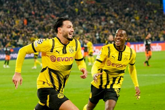 Ramy Bensebaini (Borussia Dortmund) celebrates after scoring his team s third goal during the UEFA Champions League 2024 25 League Phase MD8 match between Borussia Dortmund and FC Shakhtar Donetsk at Signal Iduna Park on January 29, 2025 in Dortmund, Germany. (Photo by Alex Gottschalk DeFodi Images) Defodi-001_20250129__A9_6447