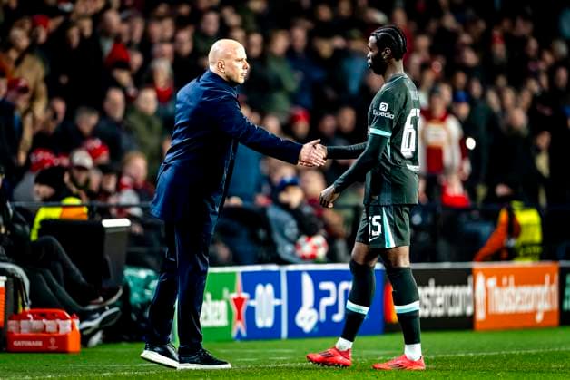 Liverpool FC trainer Arne Slot, Liverpool FC defender Amaro Nallo during the match PSV - Liverpool at the Philips stadium for the Champions League - League phase - Matchday 8 season 2024-2025 in EINDHOVEN, Netherlands on 29 january 2025, (photo by Marcel van Dorst EYE4images DeFodi Images) Defodi-746_211727