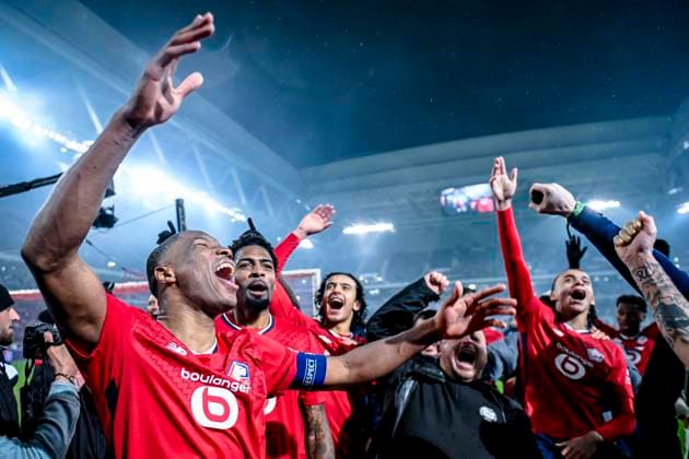 LOSC Lille defender Bafode Diakite celebrating the win, during the match Lille - Feyenoord at the Stade Pierre Mauroy for the UEFA Champions League - League phase - Matchday 8 season 2024-2025 in LILLE, France on 29 januari 2025, (photo by Stefan Koops EYE4images DeFodi Images) Defodi-746_211731