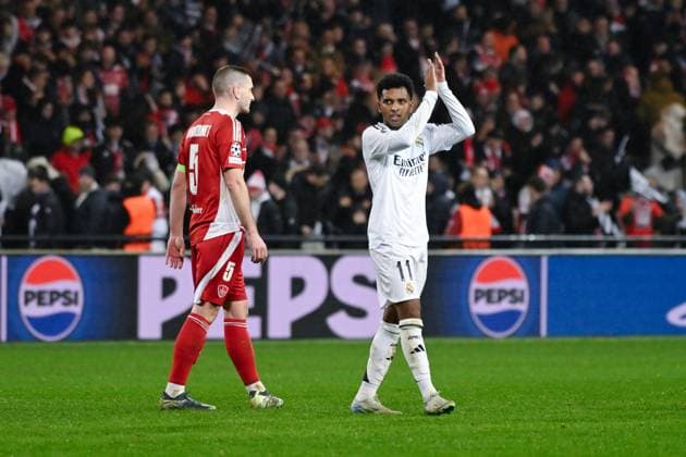 FOOTBALL : Brest vs Real Madrid - Ligue des Champions - 29 01 2025 Rodrygo ( 11 - Real Madrid ) celebrates their side s victory after the UEFA Champions League match between Stade Brestois 29 and Real Madrid CF at Stade de Roudourou on January 29 , 2025 in Guingamp, France. ( Photo by Dante Badano PsnewZ ) - GuingampFrance  Copyright: xDantexBadanox