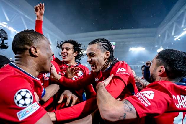LOSC Lille defender Bafode Diakite, LOSC Lille midfielder Ayyoub Bouaddi, LOSC Lille midfielder Ethan Mbappe, LOSC Lille midfielder Remy Cabella, during the match Lille - Feyenoord at the Stade Pierre Mauroy for the UEFA Champions League - League phase - Matchday 8 season 2024-2025 in LILLE, France on 29 januari 2025, (photo by Stefan Koops EYE4images DeFodi Images) Defodi-746_211736