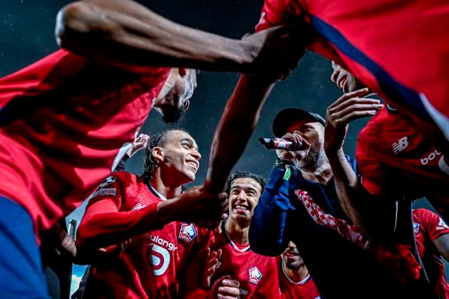 LOSC Lille midfielder Ethan Mbappe, LOSC Lille defender Bafode Diakite LOSC Lille midfielder Remy Cabella, LOSC Lille midfielder Ayyoub Bouaddi celebrating the win, during the match Lille - Feyenoord at the Stade Pierre Mauroy for the UEFA Champions League - League phase - Matchday 8 season 2024-2025 in LILLE, France on 29 januari 2025, (photo by Stefan Koops EYE4images DeFodi Images) Defodi-746_211744