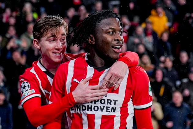 EINDHOVEN, NETHERLANDS - JANUARY 29: Johan Bakayoko of PSV celebrates after scoring his team s first goal during the UEFA Champions League 2024 25 League Phase MD8 match between PSV Eindhoven and Liverpool FC at PSV Stadion on January 29, 2025 in Eindhoven, Netherlands. (Photo by Rene Nijhuis) SOC  Copyright: xRenexNijhuis