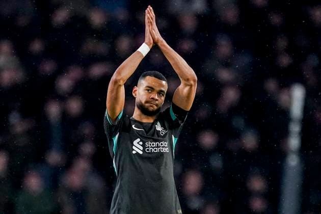EINDHOVEN, NETHERLANDS - JANUARY 29: Cody Gakpo of Liverpool celebrates after scoring his team s first goal during the UEFA Champions League 2024 25 League Phase MD8 match between PSV Eindhoven and Liverpool FC at PSV Stadion on January 29, 2025 in Eindhoven, Netherlands. (Photo by Rene Nijhuis) SOC  Copyright: xRenexNijhuis