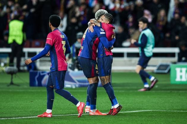 Ronald Araujo FC Barcelona, Barca Raphina (FC Barcelona) Alejandro Balde (FC Barcelona) during the UEFA Champions League 2024 25 League Phase MD8 match between FC Barcelona and Atalanta BC at Estadi Olimpic Lluis Companys on January 29, 2025 in Barcelona, Spain. (Photo by Xavi Bonilla DeFodi Images) Defodi-674_20250129_XB3_2336