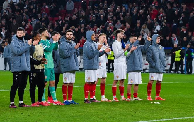 Jamie Leweling (VfB Stuttgart), Chris Fuehrich (VfB Stuttgart), Atakan Karazor (VfB Stuttgart), Deniz Undav (VfB Stuttgart) and Angelo Stiller (VfB Stuttgart) are disappointed after the UEFA Champions League 2024 25 League Phase MD8 match between VfB Stuttgart and Paris Saint-Germain at MHPArena on January 29, 2025 in Stuttgart, Germany. (Photo by Silas Schueller DeFodi Images) Defodi-738_738_VFBPSG_20250129_259