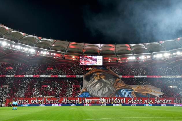 Choreo, Choreographie, Fanaktion VfB Stuttgart Cannstatter Kurve Champions League VfB Stuttgart vs Paris St. Germain PSG 29.01.2025 DFL REGULATIONS PROHIBIT ANY USE OF PHOTOGRAPHS AS IMAGE SEQUENCES AND OR QUASI-VIDEO Champions League VfB Stuttgart vs Paris St. Germain PSG