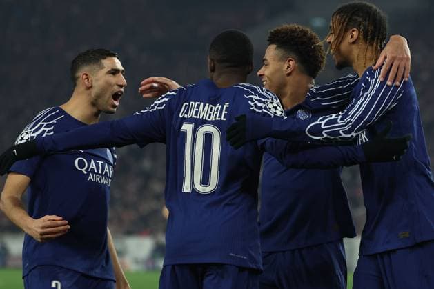 Stuttgart 29. January 2025 Uefa Champions League phase 2024 25 Matchday 8, VFB Stuttgart - Paris Saint Germain v.l., Achraf Hakimi (Paris Saint-Germain), Ousmane Dembele (Paris Saint-Germain), DÃ sirÃ DouÃ (Paris Saint-Germain), Bradley Barcola (Paris Saint-Germain), Torjubel, Goal celebration, celebrate the goal Copyright: JoaquimxFerreira