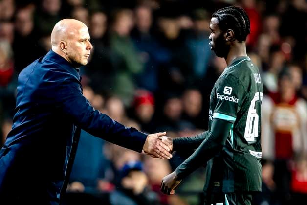 Liverpool FC trainer Arne Slot, Liverpool FC defender Amaro Nallo during the match PSV - Liverpool at the Philips stadium for the Champions League - League phase - Matchday 8 season 2024-2025 in EINDHOVEN, Netherlands on 29 january 2025, (photo by Marcel van Dorst EYE4images DeFodi Images) Defodi-746_211834
