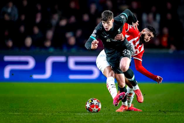 Liverpool FC midfielder James McConnell, PSV Eindhoven midfielder Ismael saibari during the match PSV - Liverpool at the Philips stadium for the Champions League - League phase - Matchday 8 season 2024-2025 in EINDHOVEN, Netherlands on 29 january 2025, (photo by Marcel van Dorst EYE4images DeFodi Images) Defodi-746_211858