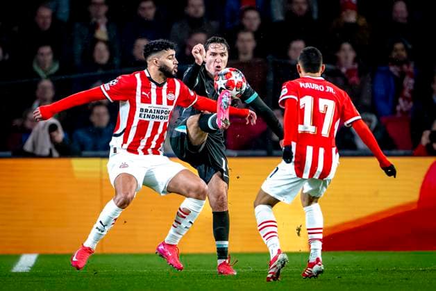 PSV Eindhoven midfielder Ismael saibari, Liverpool FC midfielder Frederico Chiesa during the match PSV - Liverpool at the Philips stadium for the Champions League - League phase - Matchday 8 season 2024-2025 in EINDHOVEN, Netherlands on 29 january 2025, (photo by Marcel van Dorst EYE4images DeFodi Images) Defodi-746_211915