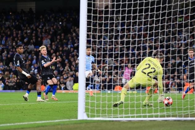 Football - UEFA Champions League - League Phase - Manchester City v Club Brugge 29th January 2025 - UEFA Champions League - League Phase - Manchester City v Club Brugge - Savinho of Manchester City scores their 3rd goal - Photo: Simon Stacpoole Offside. Manchester UK Copyright: xSimonxStacpoolexOffside