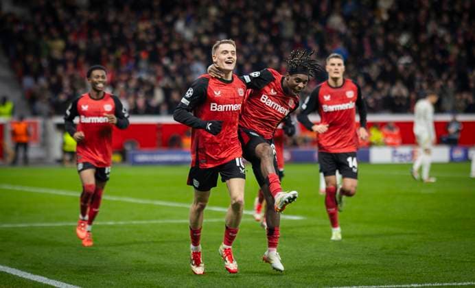 Leverkusen, Germany. 29th Jan 2025. Goal celebration: Florian Wirtz (LEV) Jeremie Frimpong (LEV) Bayer Leverkusen - Sparta Prag 29.01.2025