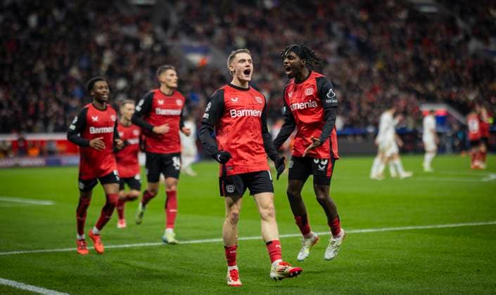 Leverkusen, Germany. 29th Jan 2025. Goal celebration: Florian Wirtz (LEV) Jeremie Frimpong (LEV) Bayer Leverkusen - Sparta Prag 29.01.2025