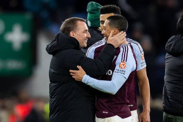 Aston Villa v Celtic Champions League 29 01 2025. Celtic Manager Brendan Rodgers hugs Aston Villa midfielder Youri Tielemans (8) after the Champions League match between Aston Villa and Celtic at Villa Park, Birmingham, England on 29 January 2025. Birmingham Villa Park West Midlands England Editorial use only , Copyright: xManjitxNarotrax PSI-21358-0140