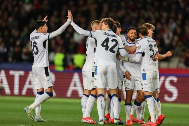 January 30, 2025, Barcelona, Spain: Players of Atalanta Bergamo celebrate after scoring a goal during the UEFA Champions League match between FC Barcelona, Barca and Atalanta Bergamo at Estadio Olimpico. FInal Score; FC Barcelona 2:2 Atalanta Bergamo. Barcelona Spain - ZUMAs197 20250130_aaa_s197_034 Copyright: xGrzegorzxWajdax