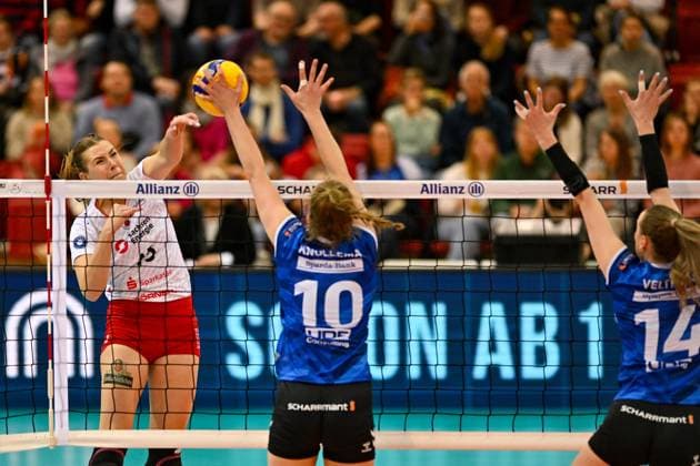 DVL Allianz MTV Stuttgart - Dresdner SC 30.01.2025 DVL, Volleyball, 1. Bundesliga, Damen, Saison 2024 25, Allianz MTV Stuttgart (in Blau), gegen Dresdner SC (in Weiß-Rot), Marta Levinska im Angriff gegen 10 Jolien Knollema Copyright: xBEAUTIFULxSPORTS TomxBlochx