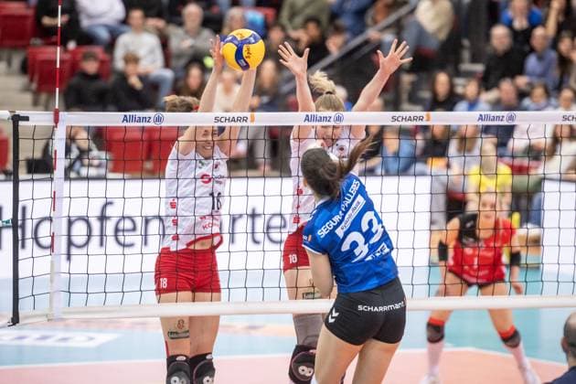 Maria Segura Pallares (Allianz MTV Stuttgart, 33) vs. Sarah Straube (Dresdner SC, 18) und Emma Scarlett Clothier (Dresdner SC, 16), re. GER, Allianz MTV Stuttgart - Dresdner SC, Volleyball Bundesliga, VBL, Spielzeit 2024 2025, 30.01.2025 GER, Allianz MTV Stuttgart - Dresdner SC, Volleyball Bundesliga, VBL, Spielzeit 2024 2025, 30.01.2025 Stuttgart Copyright: xSandyxDinkelackerx EP_SDR