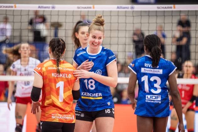 Pia Kaestner (Allianz MTV Stuttgart, 18) - Freude am Spiel GER, Allianz MTV Stuttgart - Dresdner SC, Volleyball Bundesliga, VBL, Spielzeit 2024 2025, 30.01.2025 GER, Allianz MTV Stuttgart - Dresdner SC, Volleyball Bundesliga, VBL, Spielzeit 2024 2025, 30.01.2025 Stuttgart Copyright: xSandyxDinkelackerx EP_SDR