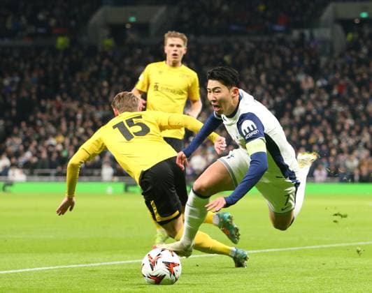 30th January 2025; Tottenham Hotspur Stadium, London, England; UEFA Europa League Football, Tottenham Hotspur versus Elfsborg; Son Heung-Min of Tottenham Hotspur is fouled by Simon Hedlund of Elfsborg just outside the Elfsborg penalty area.  ActionPlus12745443 KatiexChan