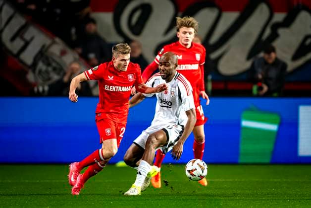 FC Twente midfielder Michal Sadilek , Besiktas JK midfielder Al Musrati during the match Twente - Besiktas at the Grolsch Veste for the UEFA Europa League - League phase - Matchday 8 season 2024-2025 in ENSCHEDE, Netherlands on 30 january 2025, (photo by Marcel van Dorst EYE4images Defodi-746_212127