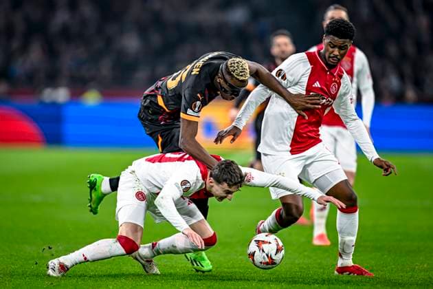 AFC Ajax Amsterdam defender Youri Baas, Galatasaray forward Victor Osimhen, AFC Ajax Amsterdam defender Jorrel Hato, during the match Ajax - Galatasaray at the Johan Cruijff ArenA for the UEFA Europa League - League phase - Matchday 8 season 2024-2025 in AMSTERDAM, Netherlands on 30 januari 2025, (photo by Stefan Koops EYE4images DeFodi Images) Defodi-746_212133