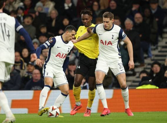 Pedro Porro (TH) Jalal Abdullai of Elfsborg, Micky van de Ven (TH) at the Tottenham Hotspur v IF Elfsborg UEFA Europa League match, at the Tottenham Hotspur Stadium, London, UK on 30th January, 2025. 