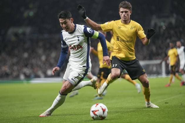 Son Heung-Min of Tottenham Hotspur gets past Besfort Zeneli of IF Elfsborg Tottenham Hotspur v Elfsborg, UEFA Europa League, Group Stage, Football, Tottenham Hotspur Stadium, London, UK - 30 Jan 2025 EDITORIAL USE ONLY No use with unauthorised audio, video, data, fixture lists, club league logos or live services. Online in-match use limited to 120 images, no video emulation. No use in betting, games or single club league player publications. Copyright: xJedxLeicester Shutterstockx 15122183o